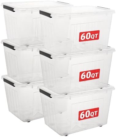 Cetomo 60Qt*6 Plastic Storage Bins with Lids, Storage Box with Wheel, Organizing Container with Wheels and Durable Lid, 