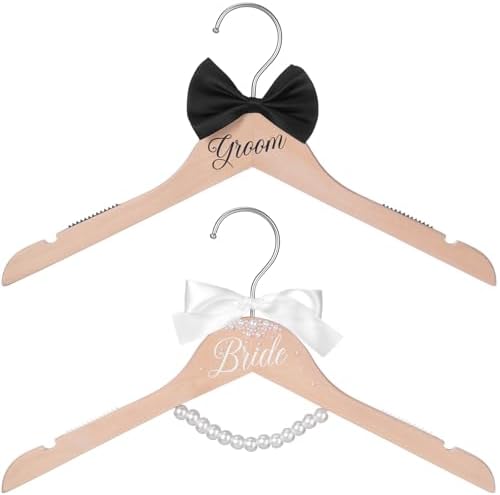 Beeveer 2 Pcs Bride Groom Wooden Hangers Bow Tie Wedding Gift,Vivid