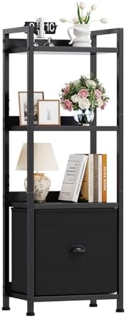 DUMOS 4 Tier Bookshelf with Fabric Drawer, Display Standing Shelf, Black