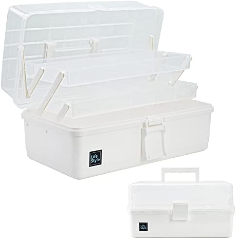 Creahaus 13 inch Art Craft Organizer Storage Box with 3 Layer, Multipurpose Plastic Tool Box with Handle for Sewing, Art
