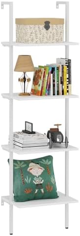 Wolawu Ladder Shelf 4 Tiers Metal Industrial Bookshelf,White Wooden Tall Open Storage Rack and Display Shelves,Wall Moun