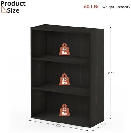 Wooden 3 Shelf Bookcase, 9.7" D*23.7" W*31.5" H Wooden Black Book Shelf with Three Storage Space, 3 Tier Small Bookshelf
