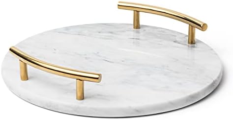 White Marble Tray with Gold Handles - Decorative Round Marble Vanity Tray