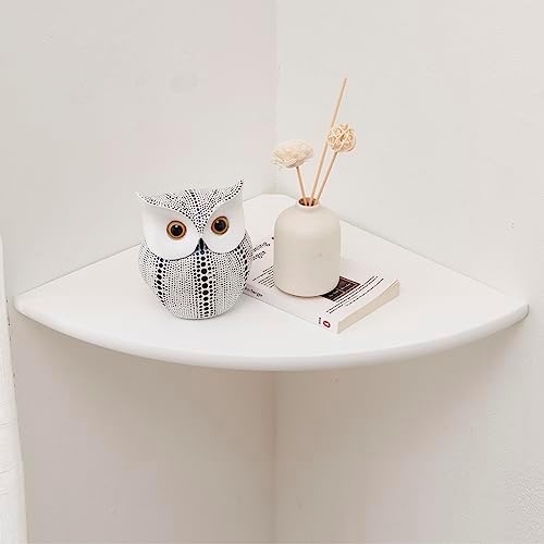 Corner Shelf, White Solid Oak Wood Floating Corner Shelf Wall Mount Round End Floating Speaker Shelf Display Shelf for S