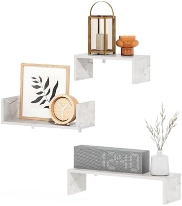 Furinno Rossi Bedroom Decor Wall Mounted Floating Display Shelves with Invisible Brackets, Set of 3, Marble White