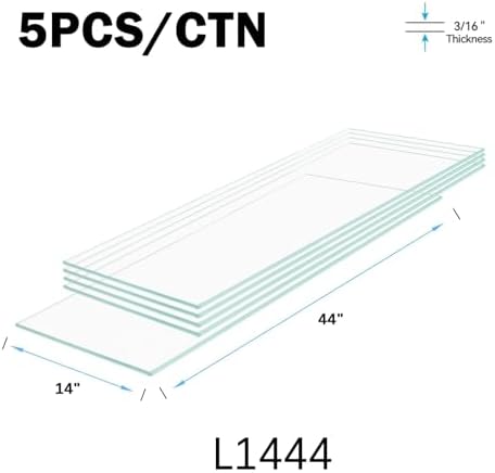 14" x 44" - 5-Pcs Tempered Glass Rectangular Shelves - 3/16" Thick - Home & Office Storage Racks