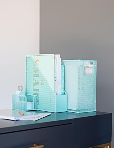 BLU MONACO Aqua Desk Organizer Set | 5-Piece Metal Office Supplies Set with Hanging File Organizer, Magazine Holder, Pen Cup, Sticky Note Holder & Letter Sorter | Cute Aqua Desk Accessories for Women