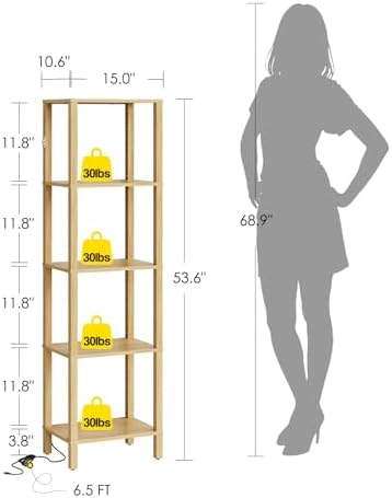 Open Book Shelf with LED Lights, 5 Tier Tall Bookshelf, Freestanding Shelf Narrow Bookcase with Open Shelves, 14.96" x 1