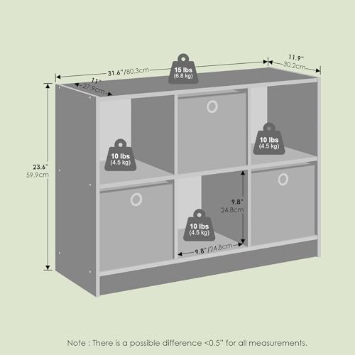 Heim 6 Cube Open Shelf Storage Organizer, Bookcase, Bookshelf, with Bins, for Living Room and Home Office, Olive Oak/Bla
