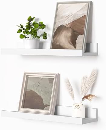 Heimlove Picture Ledge Shelf, Small Floating Shelves Set of 2, 16 Inches Picture Shelf for Wall with Ledge, Kids Bookshelf Wall Mounted for Living Room Bedroom Decor Books Photo Frames, White