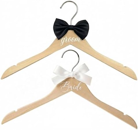 2 Pcs Bride Hanger for Wedding Dress, Bride and Groom Wooden Wedding Hangers Set, Dress and Suit Hangers with Bow Ties and Shoulder Notches, Bridal Shower Gifts Photography Props