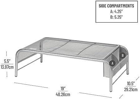 Mind Reader Monitor Stand, Ventilated Laptop Riser, Desktop Organizer, Side Storage, Metal Mesh, 20"L x 11.5"W x 5.5"H, 