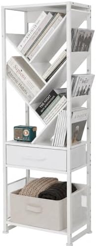 Bookshelf with Drawer,8 Tier Tree Bookcase Retro Floor Standing Bookshelves,Tall Wood Bookcases with Cabinet Storage Org