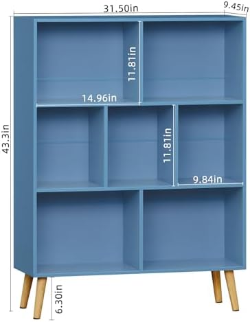 YAHARBO 7 Cube Bookshelf, Blue Kids Book Shelf with Cubby Storage,Wooden Modern Bookcase with Legs,3 Tier Freestanding D