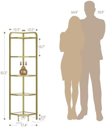 Hzuaneri Corner Shelf with LED Lighting, 5-Tier Glass Bookshelf