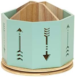 Spinning Desktop Stationary Organizer – Decorative Wooden Rotating Pen and Pencil Cup – 4 Compartment Teal Desk and Table Top Office Supplies Station with Arrow Design - by Designstyles