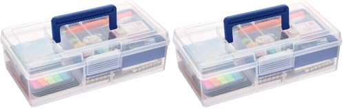 JUXYES Plastic Carry Storage Box with Removable Dividers, Clear Art Craft Supply Storage Bin Sewing Box with Handle Lid,