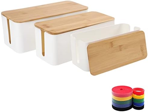 Cable Management Box Organizer, Set of 3 Bamboo Lid Storage Wires Holder to Cover Hide Surge Protector, Power Strips & C
