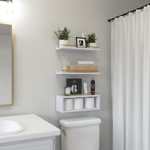 WOPITUES Floating Shelves for Wall with Cube Shelf, Wall Shelves with Metal Rail for Decor, Bathroom Organizers and Stor