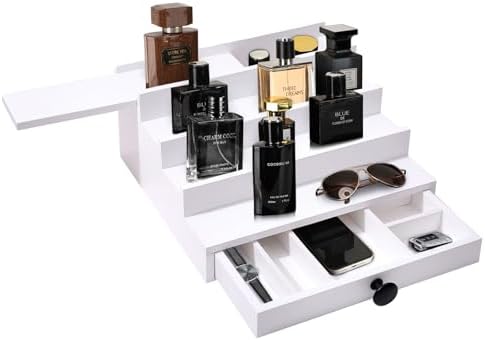 4 Tier White Cologne Organizer, Wooden Display Stand with Drawer Storage