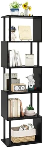 IBUYKE 6-Tier Tall Bookshelf,S-Shaped Geometric Bookcase,Black WBC016B