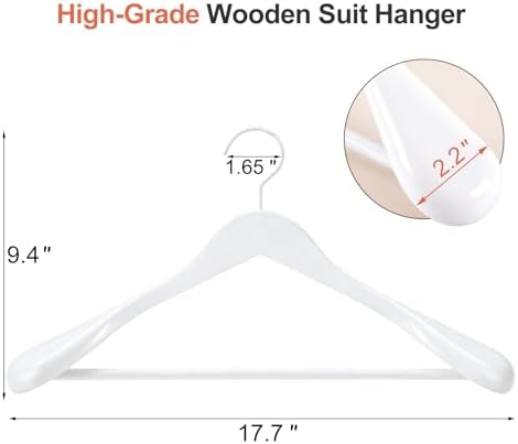 TOPIA HANGER White Wooden Coat Hanger 6 Pack, Wood Suit Hangers,Glossy Finish with Extra-Wide Shoulder, Thicker White Hooks & Anti-Slip Bar,Suitable for Coat, Suit,Dress,Jacket,Heavy Cloth - CT02W