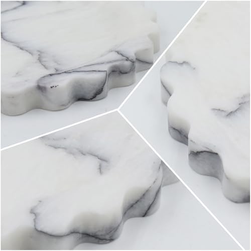 Round Marble Decorative Tray with Scalloped Edge, Luxury Natural Stone Bathroom Vanity Tray, Dresser Top Perfume Coffee 