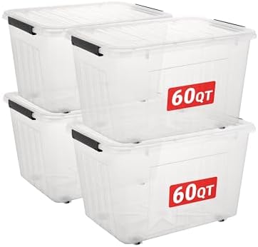 Cetomo Plastic Storage Bins, Lidded Storage Box with Wheels for Home Office Dorm, Wheeled, Stackable, Clear, 60Quart-4 P