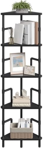 MAHANCRIS 5-Tier Corner Shelf, 52.8" Tall Corner Bookshelf with Metal Frame, Narrow Display Shelf Stand, Industrial Corn