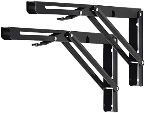 YUMORE 14 Inch Folding Shelf Bracket, Heavy Duty L Bracket, Black, 2 Pack