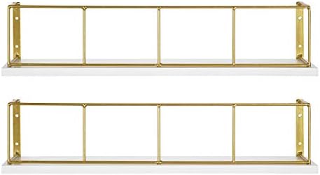 Kate and Laurel Benbrook 18-inch 2-Pack Wood and Metal Floating Wall Shelves, White and Gold