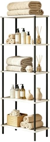 5 Tier Corner Bookshelf,Wooden Standing Shelf Unit with Metal Frame,Anti-Tip Design Narrow Storage Organizer for Small S