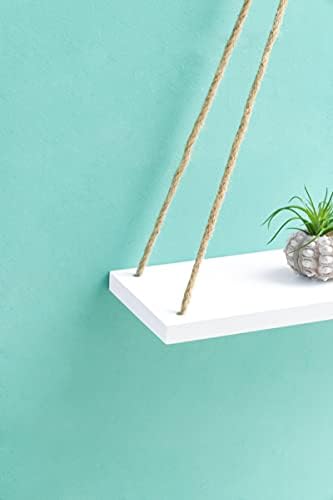 Mkono Wood Hanging Shelves for Wall Boho Decor Swing Rope Rustic Floating Shelf, Set of 3 Wall Display Shelving Home Org