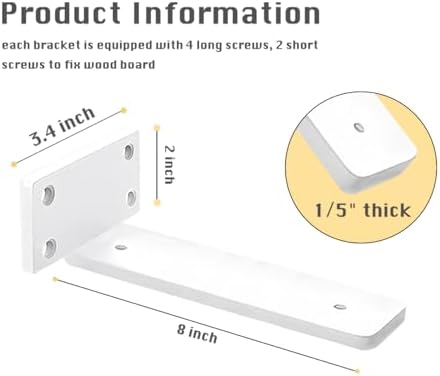 8 Pack Shelf Brackets White 8 Inch Floating Shelf Bracket 1/5 inch Thick Heavy Duty Hidden Shelf Brackets Iron Metal Bra