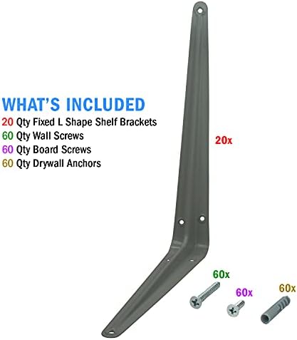 Nuk3y L Shape Heavy Duty Shelf Bracket with Screws, 20 Pack (10"" x 12"", Gray)