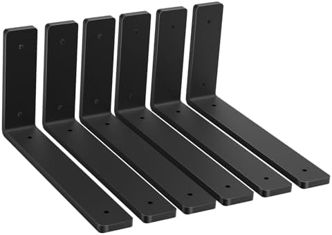 Heavy Duty Shelf Brackets, 6 Pack 6 Inch Black L Metal Shelving Brackets, 5mm Thick Rustic Shelf Support Bracket for DIY