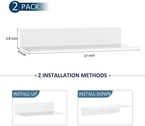 Sezanrpt 17 Inches Acrylic Wall Shelves 2 Pack, Floating Shelf for Wall Mounting, Acrylic Display Ledges for Funko Pop Figures, Home Décor, Living Room, Gaming Room, Plants(17 inch, White)