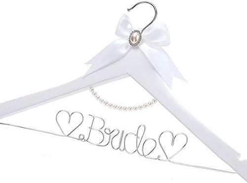 White Solid Wood Bridal Dress Hanger with Bridal Wire Lettering for Bridal Wedding Party Gift (White Hanger Silver Threa