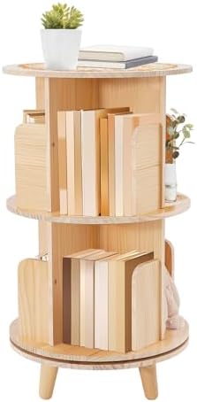 2 Tier Rotating Bookshelf with Legs, Small Corner Bookshelf Floor Standing Wooden Narrow Bookcase Organizer,Revolving Bo