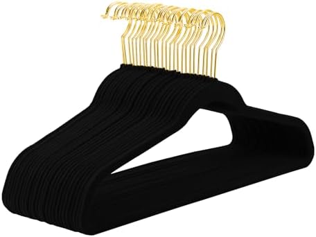 MIZGI Black Velvet Hangers 100 Pack,Premium Gold Clothes Hangers Non-Slip Felt Hangers,Sturdy Black Hangers Heavy Duty Coat Hangers,Durable Suit Hangers Space Saving, No Flocked Hanger Marks