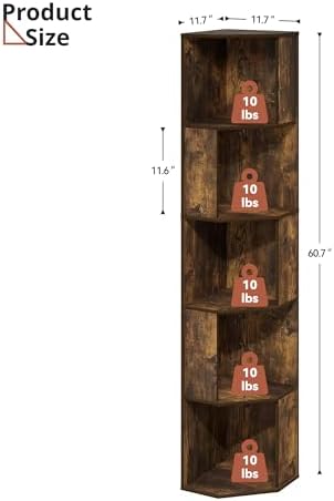 Black 5 Tier Slim Corner Bookshelf with Open Shelves, Wood Black Tall Corner Shelving Unit, Narrow Book Shelves for Bedr