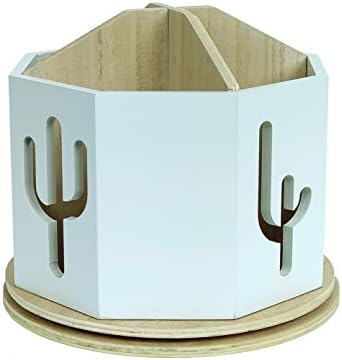 Spinning Desktop Stationary Organizer – Decorative Wooden Rotating Pen and Pencil Cup – Desk and Table Top Office Supplies Station - by Designstyles (White with Cactus Cutout)