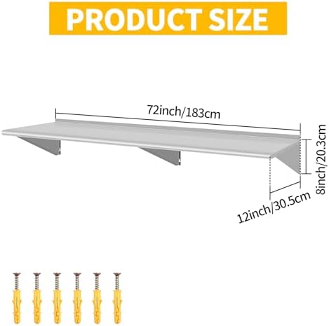 12" D x 72" W Stainless Steel Wall Mounted Shelves, Floating Shelving with Brackets, Commercial Shelf Perfect for Restau