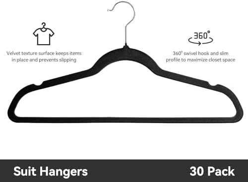 Premium Velvet Hangers 30 Pack, Non-Slip Suit Clothes Hangers, 360 Degree Swivel Hooks and Slim Profile to Maximize Closet Space Black/Silver