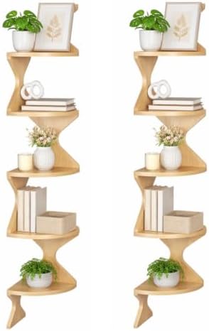 Zigzag Corner Shelf, Wood Corner Wall Shelf, 5 Tier Floating Corner Shelves for Small Space Storage, Corner Bookcase for