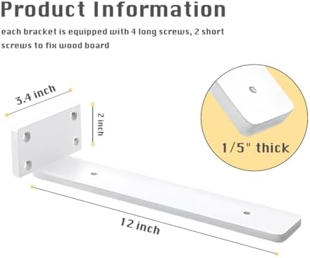 4 Pack Shelf Brackets White 12 Inch Floating Shelf Bracket 1/5 inch Thick Heavy Duty Hidden Shelf Brackets Iron Metal Br