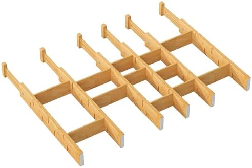 kiplant Bamboo Drawer Dividers - Adjustable Drawer Dividers for Kitchen, Clothes, Closet & Office - 6 Pack with Inserts, 18-22.6 Inches, Non-Slip Silicone Ends