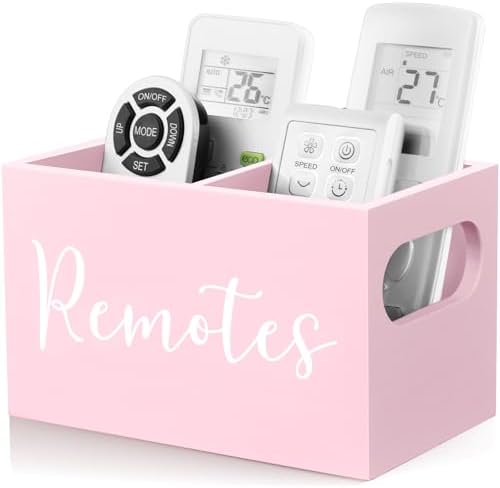 DRASTAR Remote Holder and Organizer - TV Remote Caddy for Table, Wooden Storage Organizer with Pink Accessories
