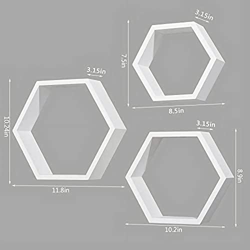 ROSE BLOOM Set of 3 White Wood Hexagon Shelves for Wall Decor - Farmhouse Honeycomb Shelves for Living Room Decor, Kitch