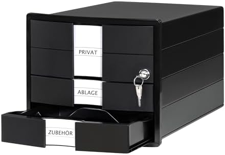 HAN Impuls 2.0 Drawer Box Lockable with 3 Closed Drawers for DIN A4/C4 Including Labelling Labels, Document Box, Base with Pull-Out Lock, Furniture-Friendly Rubber Feet, 1018-13, Black